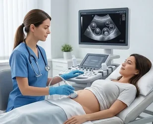 Ilustração do monitoramento por ultrassom durante a fertilização in vitro