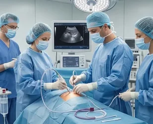 Ilustração da punção ovariana para coleta de óvulos na fertilização in vitro