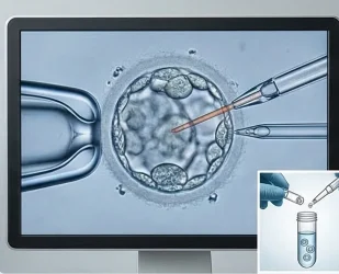 Ilustração da fertilização em laboratório e desenvolvimento embrionário